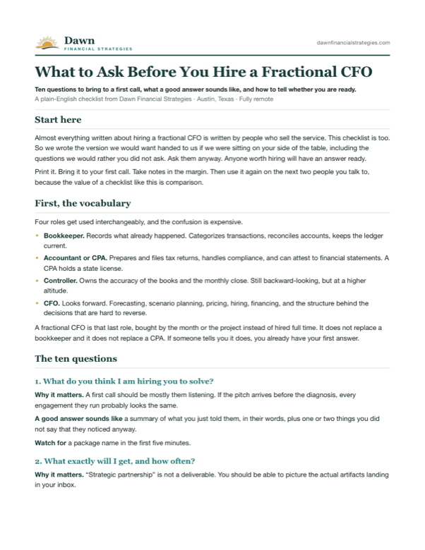 First page of What to Ask Before You Hire a Fractional CFO